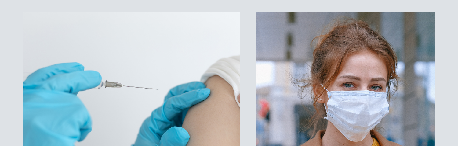 Receving vaccination on left — Unhappy masked face on left