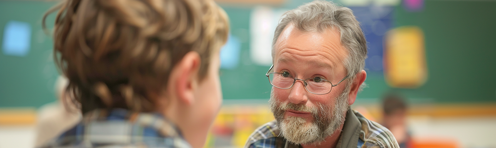 An 8-year-old student approaches his sad, tired male teacher in classwith a pleasant greeting.