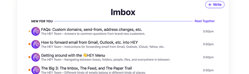 Screenshot of my initial inbox with 1 read email from HEY and 6 more unread ones, with tutorials and advice.