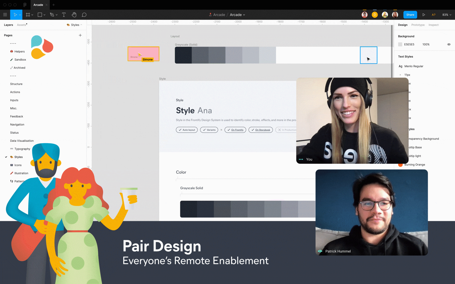 The Cover Picture of the Article showing Figma and a Design System — worked on by two designer’s at the same time, a woman and a man. Pair Design. Everyone’s Remote Enablement.