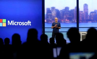 Microsoft CEO Satya Nadella speaks during his keynote address at the company's "build" conference in San Francisco, California April 2, 2014. REUTERS/Robert Galbraith (UNITED STATES - Tags: SCIENCE TECHNOLOGY BUSINESS)