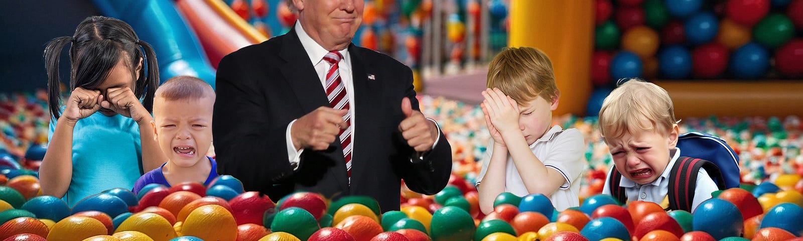 Trump in ball pit with crying children