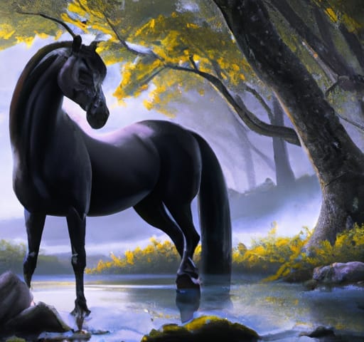 Beautiful black mare in soft morning light, stepping in a lake under some pretty trees.