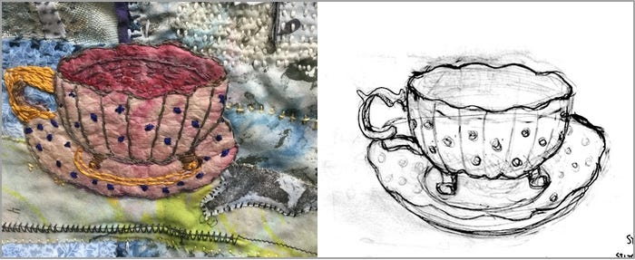 Close up of a stitched vintage tea cup, with my original pencil sketch to the right.