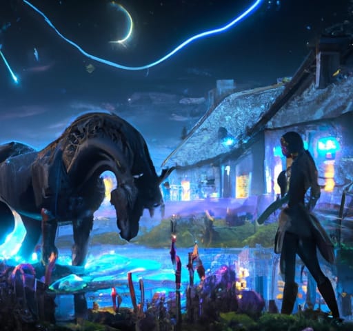 A black mare with a lowered head, and a young woman. They’re at a village, at night, with magical-looking lights.