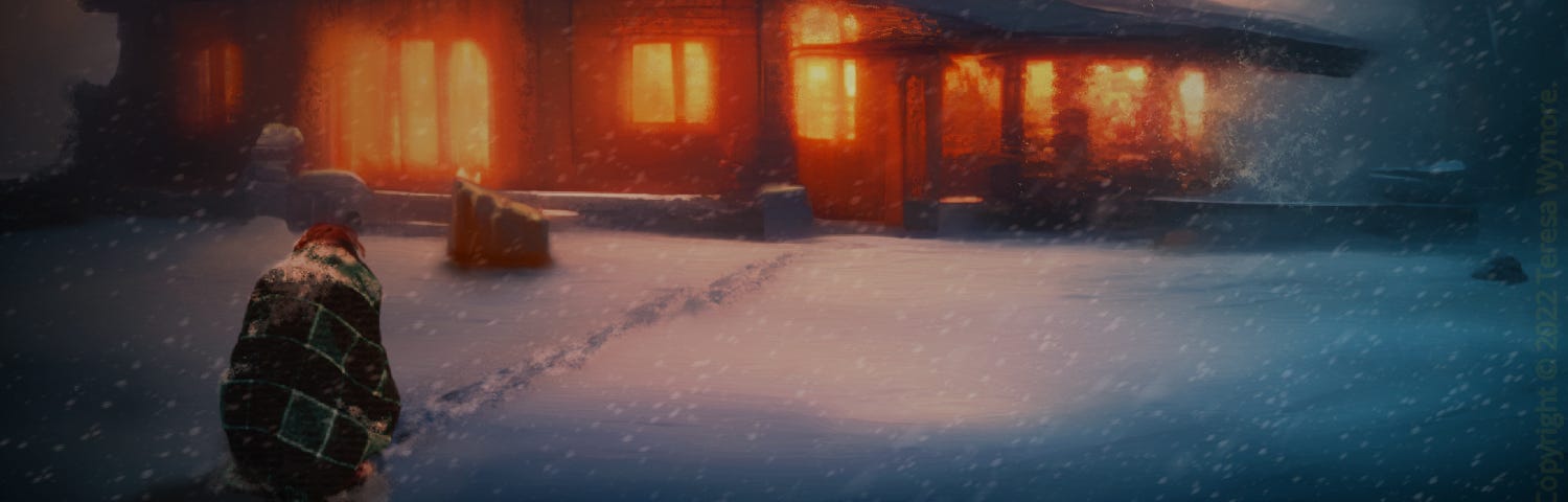 figure wrapped in a blanket huddled in the snow watching a small house burning