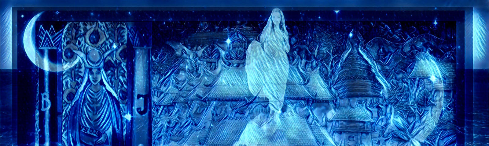 The High Priestess tarot card is on the left with a young girl in white in the middle. The entire photo is shades of blue.