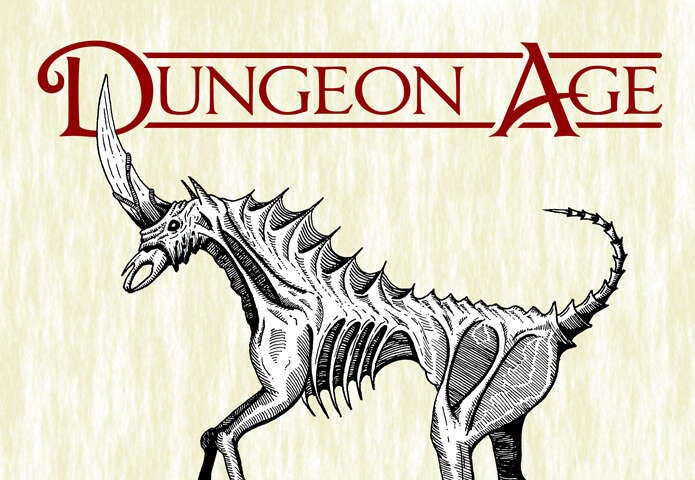 Reavers and Rogues cover image: red text of title and series name (Dungeon Age) on cream background with b/w image of evil unicorn