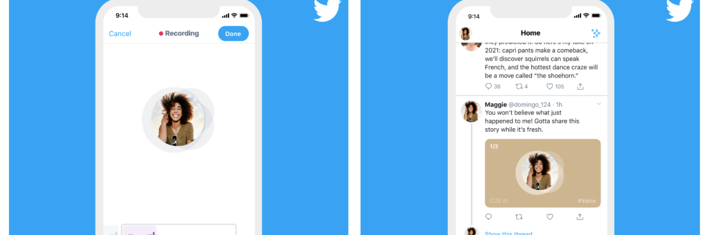 Images of the new Twitter voice tweets feature from the company’s product announcement page