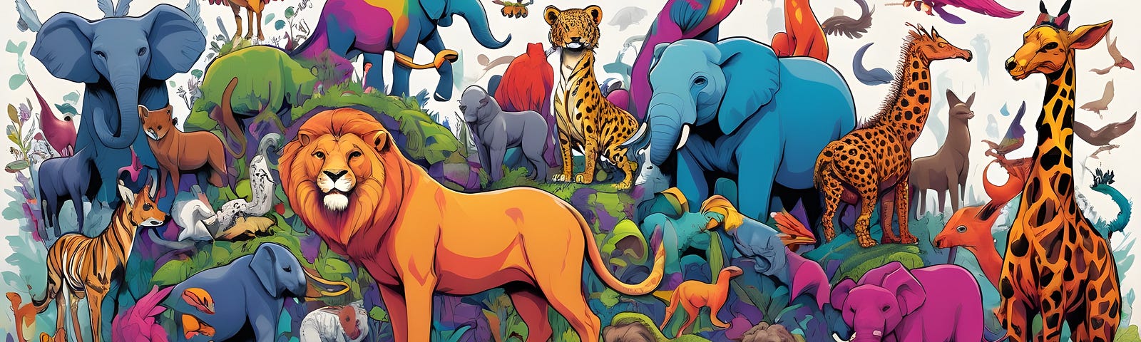 An image with dozens of colorful animals.