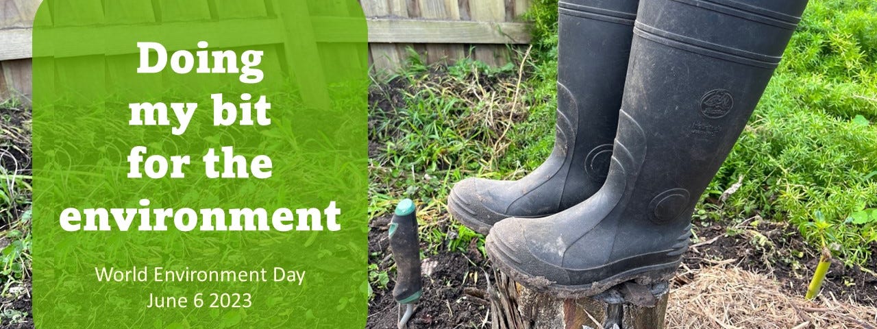 A garden scene with a pair of black gumboots on a tree stump and a trowel stuck in the dirt. A green text box is superimposed on the photo with the words: Doing my bit for the environment/World Environment Day June 6 2023.