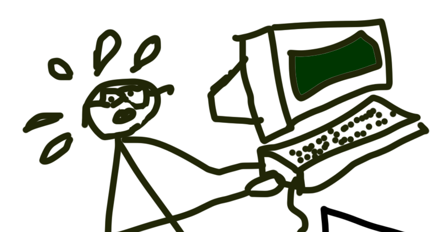 Stick figure hefting an old computer up the stairs