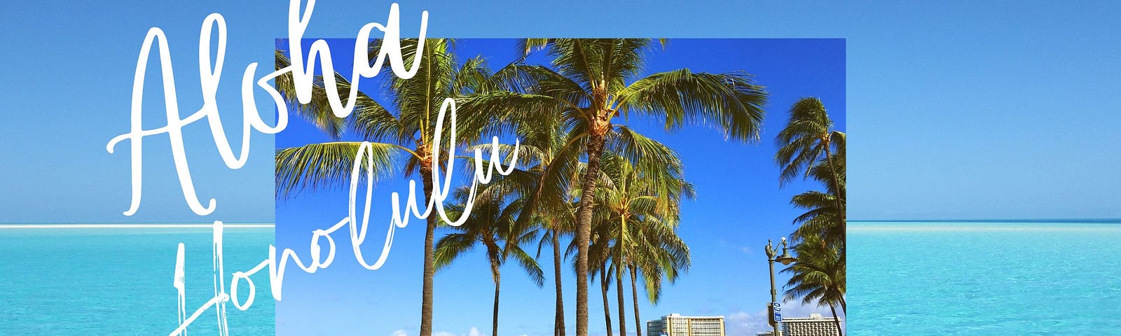 A seaside scene with tall palm trees in the foreground and high-rise buildings in the background. The words, ‘Aloha Honolulu’ are superimposed on white hand-scripted font.