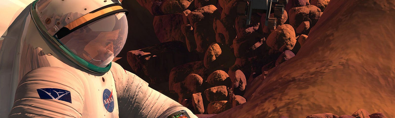 In this artist’s concept of the future, an astronaut gathers samples on the surface of Mars, with a robotic explorer nearby.