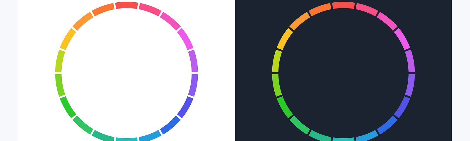 Two colour wheel spectrums on a white and dark background.
