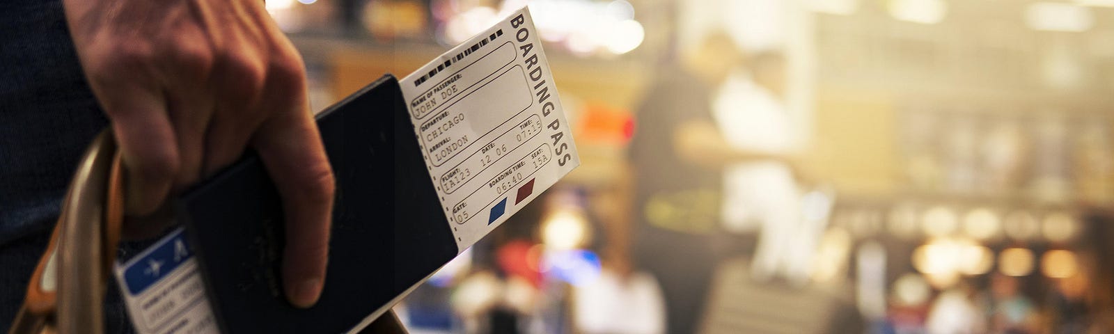 A hand holding a passport with a boarding pass and a travel bag on an airport lounge background