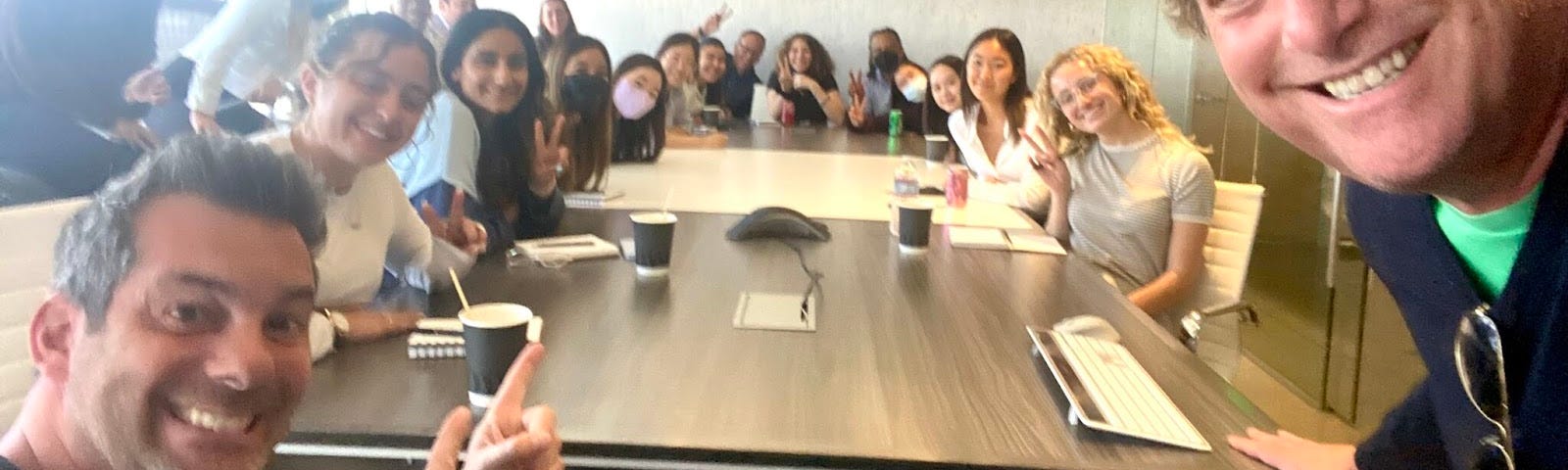 Known Studios presidents Mark Feldstein and Brad Roth pose with USC Annenberg students during a visit to Known’s Los Angeles office.