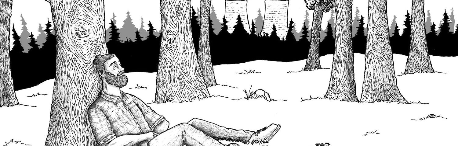 A pen-and-ink black and white drawing of a man in a forest leaning against a tree trunk.