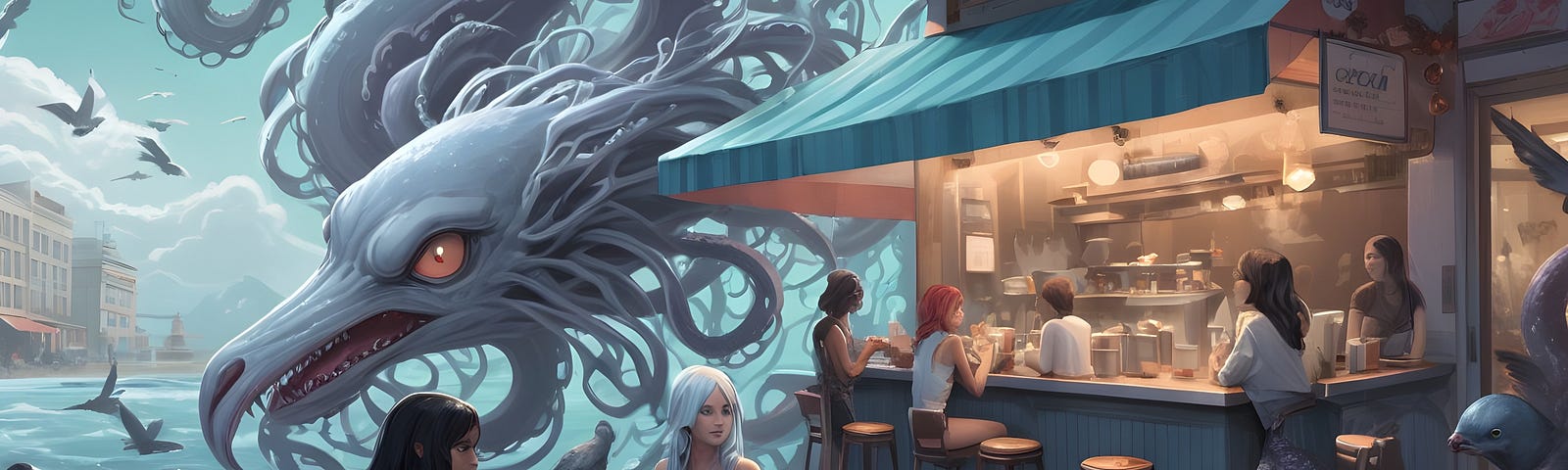 A kraken-like storm with tentacles behind a cosy cafe, pigeons around too