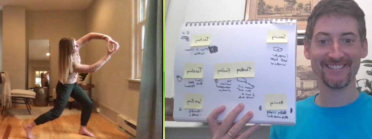 A split screen. Mecquel is leading a movement with her finger tips touching in a ball. Rafe is showing a written mind-map.