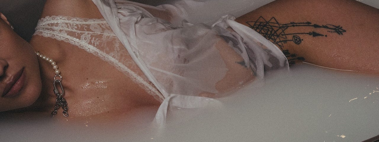 Woman in the bath wearing  lingerie