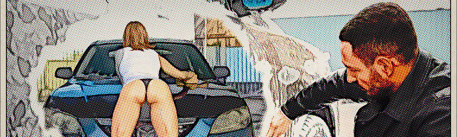 Man washing car fantasizes sexy woman washing car