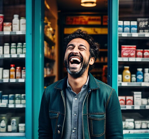 A man outside of a closed pharmacy is laughing.