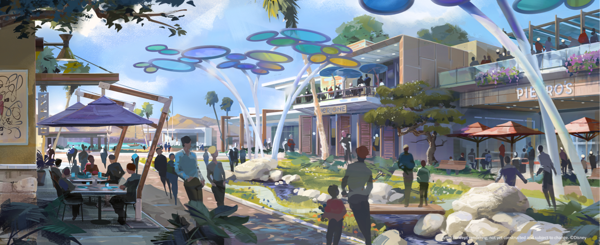 A Disney-esque concept painting of a shopping center. A small park, with grass and large rocks, and a tiny stream sits in the middle of shops and restaurants. Instead of trees, the park as curved white poles with multicolored circles of tinted glass in pleasant blues, purples, and yellows. There are families and groups walking, having a meal, and entering and exiting the stores. A few natural trees line the walkways in front of the shops.