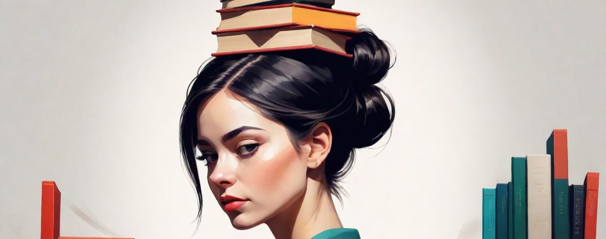 books balanced on top of a woman’s head