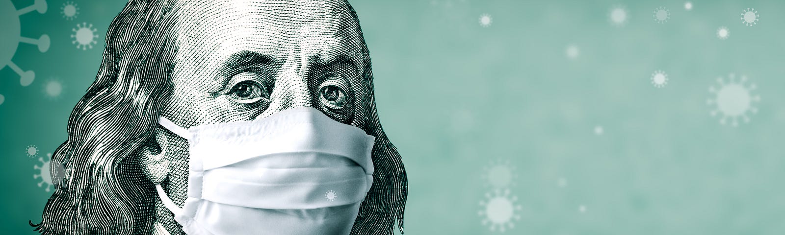 A photo illustration of Benjamin Franklin with a face mask on against a background with Coronavirus icons.