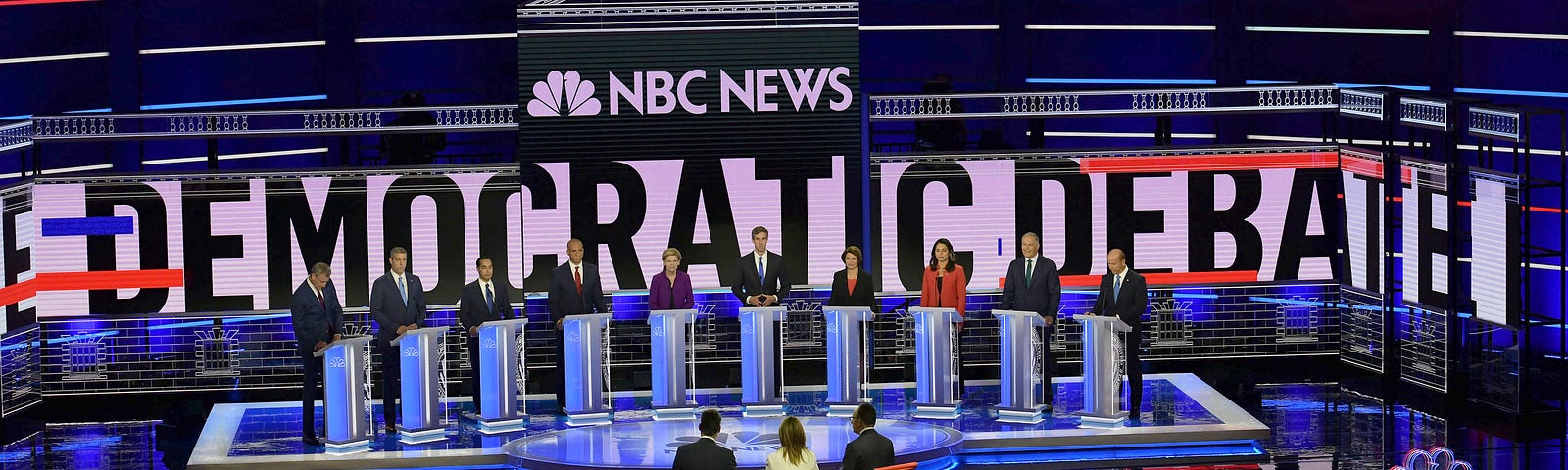 All the Democratic presidential candidates are on stage during the First Democratic Debate in 2019.