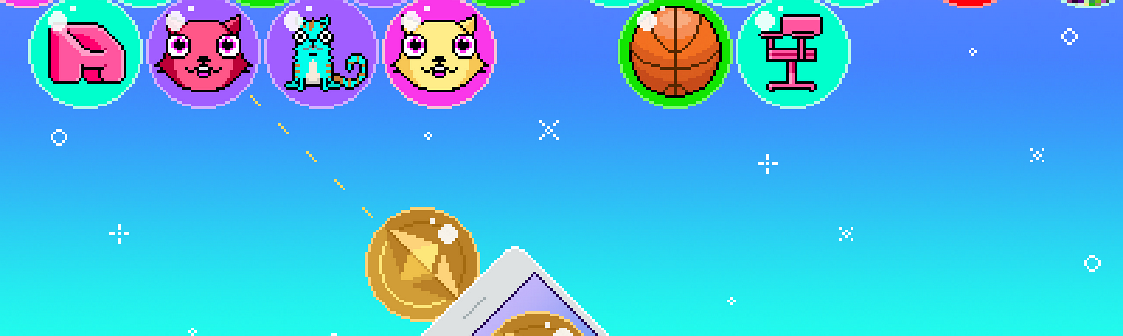 An illustration mock-up of a phone with an Ethereum “coin” in a Bubble-Bobble style game design. The coin is pointed at a variety of bubbles that contain different art icons or internet memes.