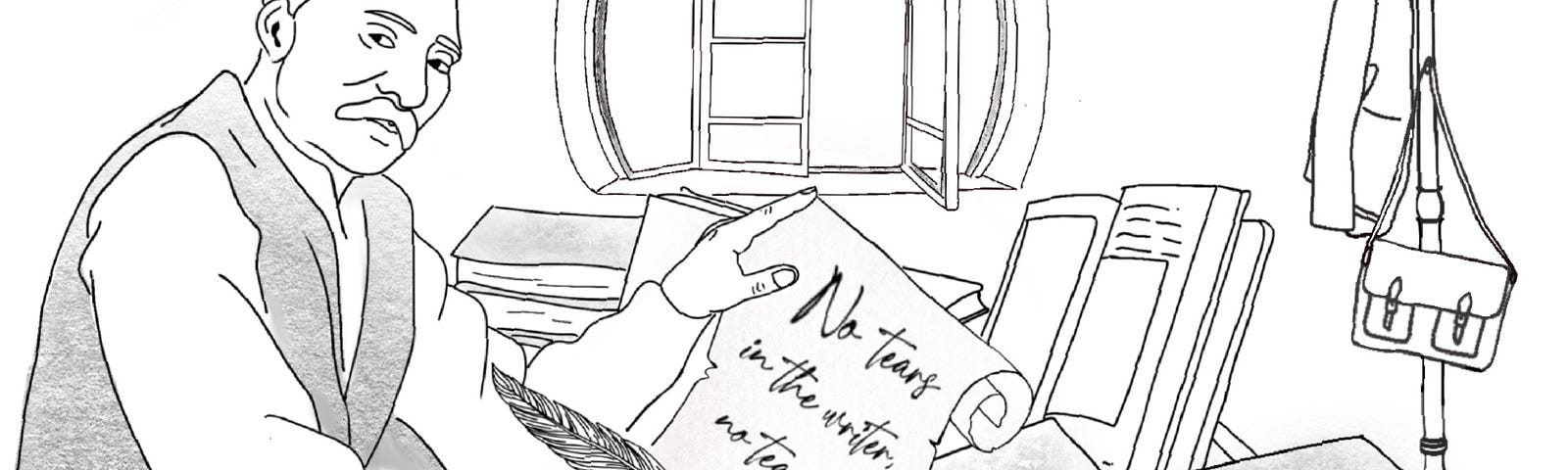 This is a pencil sketch of a writer seated at his cluttered, book-strewn desk holding a scroll in his left hand and a quill pen in his right. On the scroll is the quote “No tears in the writer, no tears in the reader,” from Robert Frost. In the background is a circular window with one pane open. In the right middle ground stands a hat rack with his hat, coat and satchel hanging from it. At the bottom is the quote “One day, I will find the right words, and they will be simple,” from Jack Kerouac.