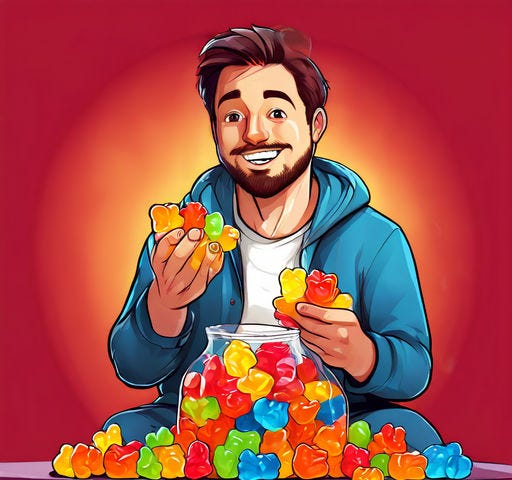 A guy eating gummy bears by the handful.