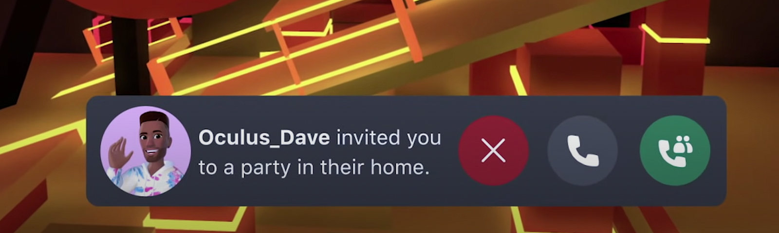 A screengrab from the Meta Horizons promotional video. The caption in the still reads: Oculus Dave invited you to a party in their home