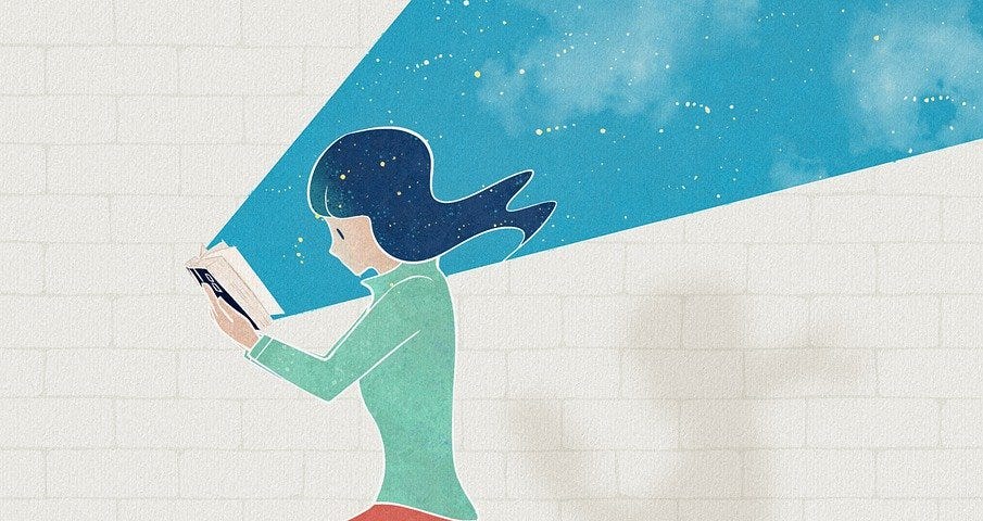 A girl reading a book, floating in the air. The book projects a starlit sky with a moon.