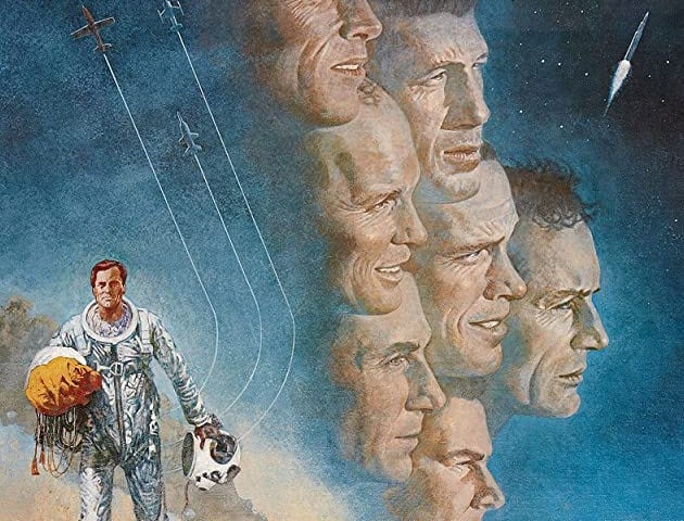 One man in a space suit walking forwards, with the faces of the Mercury Seven superimposed behind him.