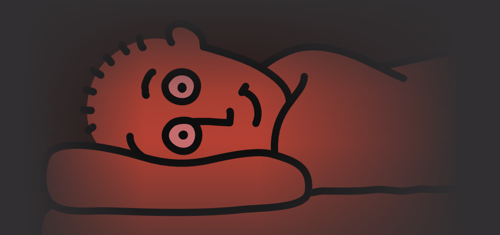 Closeup of a simple cartoon person lying down in bed, in the dark, with a soft red glow illuminating their face