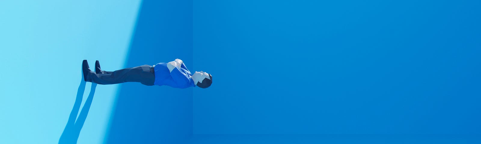 Surreal man standing on the wall of a blue cubic room.