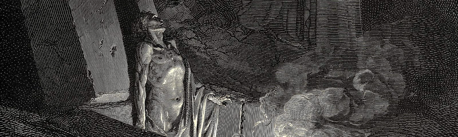 Gustave Doré illustrating Canto 10 of Divine Comedy, Inferno, by Dante Alighieri. Farinata degli Uberti addresses Dante.
