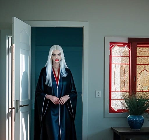 A tall woman, Slavic in appearance, 37 years old, long white hair, deep blue eyes, red lips, full body shot, in a long black robe and red cloak, ((slight smile)), her hands glowing with blue light, walks into a ranch house living room, toward the viewer, an open doorway to another room behind her, with the Mojave Desert seen thru the side windows