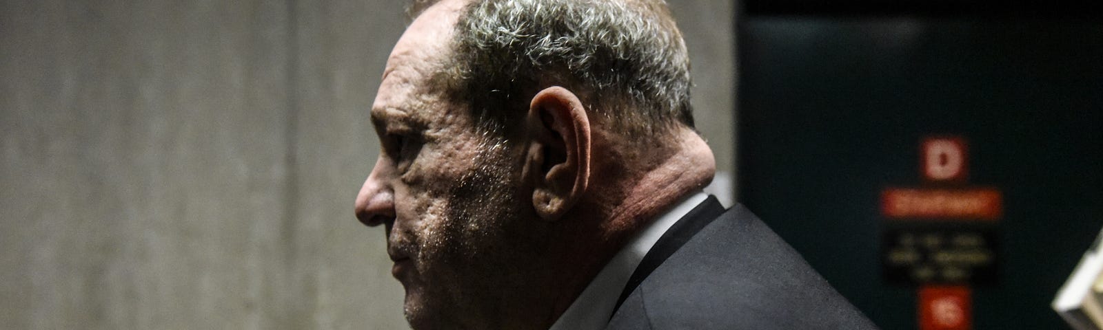 A profile photo of Harvey Weinstein as he leaves the courtroom in New York City criminal court on January 6, 2020.