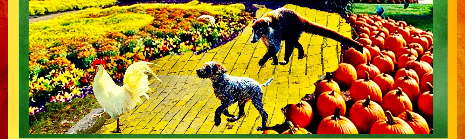 Three animal friends walk down a yellow brick road in a beautiful fall garden