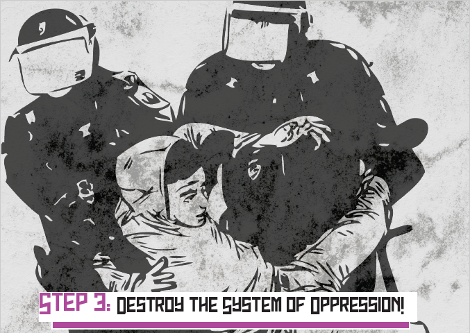 A black on white ink drawing of a man being arrested by two armored police officers with sci-fi riot helmets. The man is wearing a hoodie. Below the drawing is text that’s part of a multi-page explanation of Direct Action. The text reads, Step 3: Destroy the System of Oppression. Interrupt the systems of corruption by hitting them where they are weak. We can’t tell you exactly where you should target your oppressors to hurt them the most, but this is why you recruited allies. The text continues.