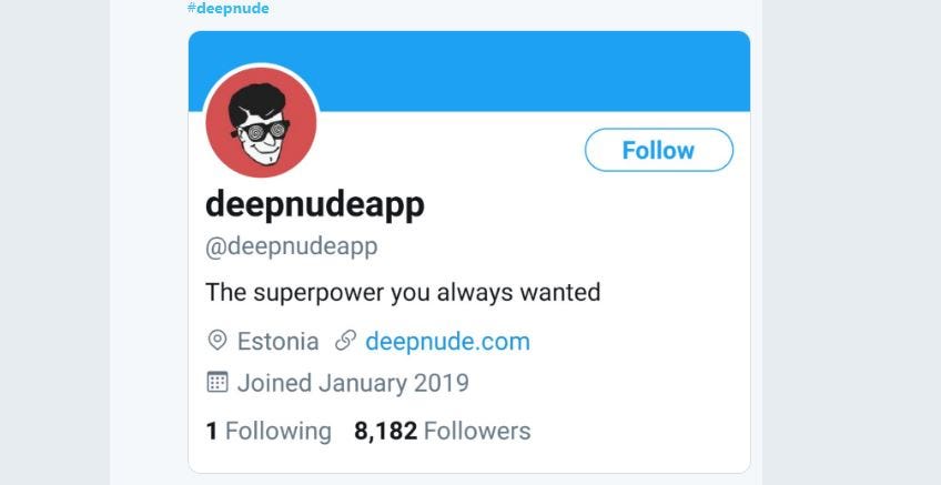 A screenshot taken of the Twitter account the DeepNudeApp — an application that allegedly used A.I. to undress women.