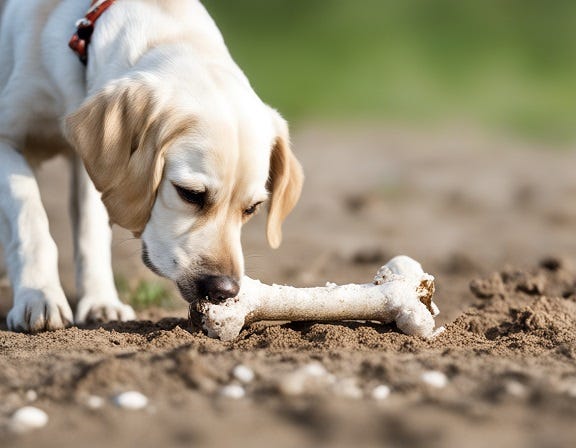 Dog with bone — either getting ready to bury it or just dug it up.