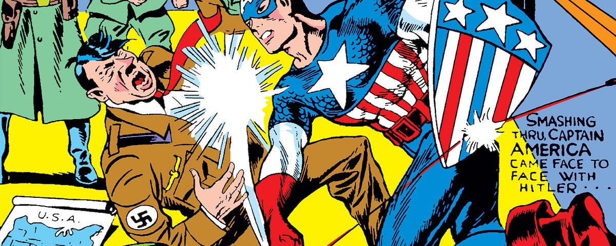 The cover to Captain America issue #1, volume 1. Cap is seen punching Adolf Hitler. Three Nazi soldiers shoot at him but miss, one bullet bounces off of Cap’s classic “kite-style” red, white, and blue shield. The Captain America logo takes up the top portion of the cover. A text card reads: 45 thrilling pages of Captain America, sentinel of our shores! Plus other great features! At the bottom is a half-circle cut-out with a portrait of Bucky saluting.