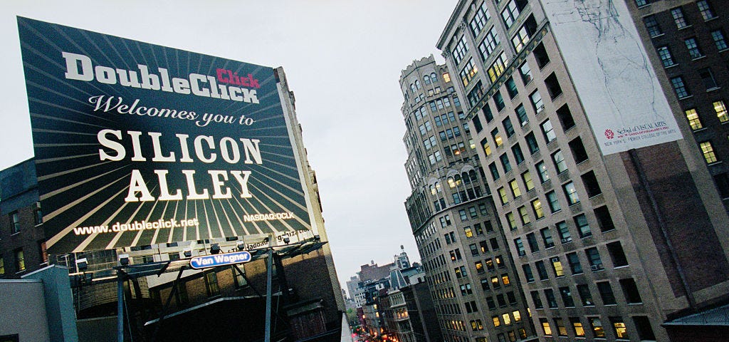 Street view of New York City featuring a billboard that reads “DoubleClick Welcomes you to SILICON ALLEY.”