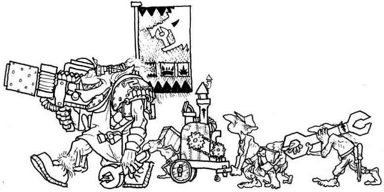 A black line drawing of an orc mek boy with three goblins carrying tools and gear. The orc wears goggles, carries a massive melta gun and a wrench, and has a banner on a pole on his back. The banner is a primitive drawing of a wild pig with a wrench in its mouth.