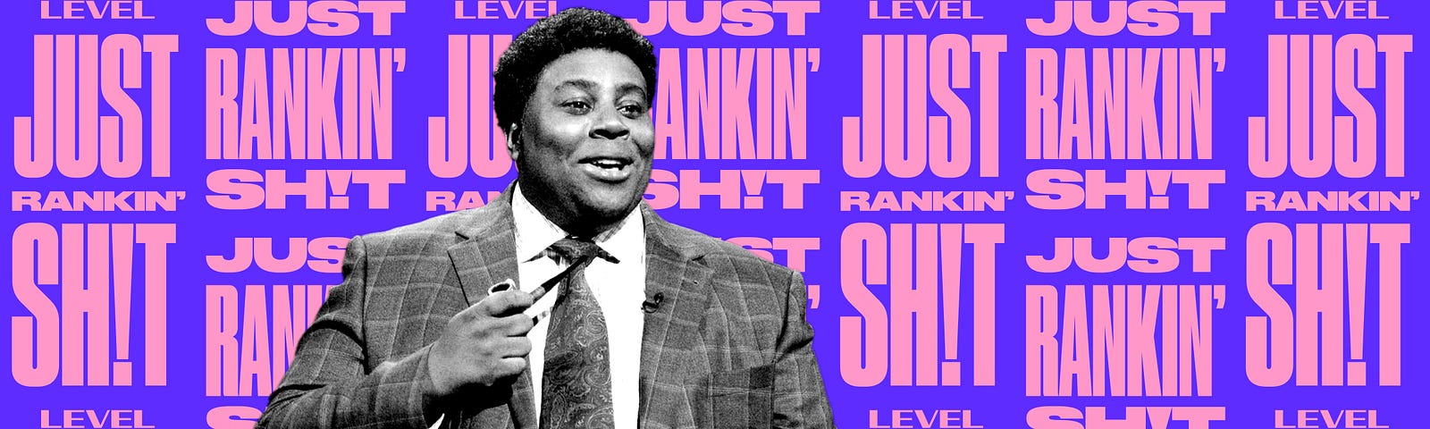 SNL cast member Kenan Thompson performing with the text “Just Rankin’ Shit” behind him in the background.